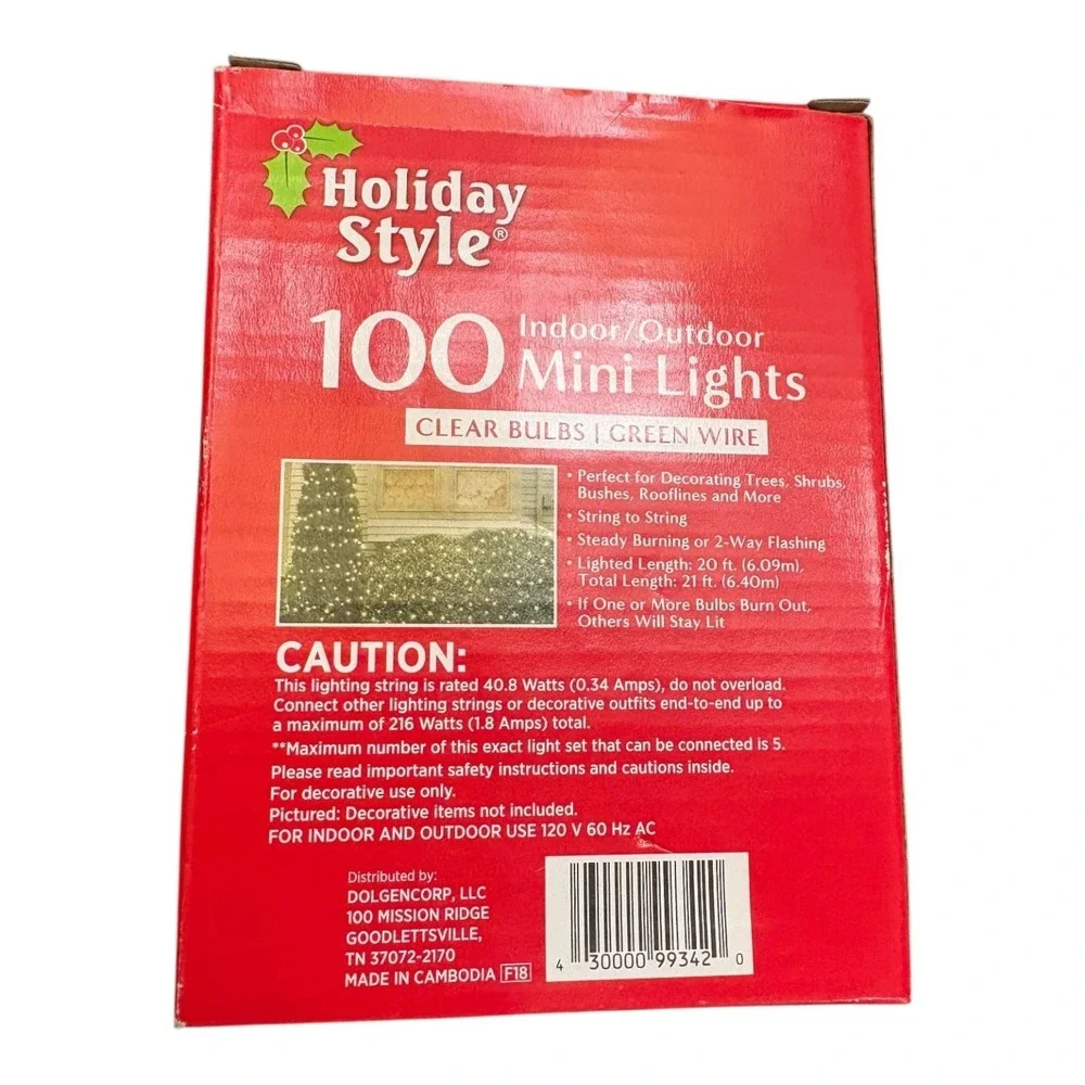 Holiday Style 100 Mini Lights Clear Bulbs Green Wire 20ft Indoor Outdoor